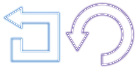 Neon light blue square refresh arrow and purple circular reload arrow icon set isolated on transparent background