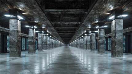 Obraz premium Massive underground quantum data center facility epic scale row of enormous glowing computing machine stretching into distance industrial brutalist concrete architecture mixed advanced technology