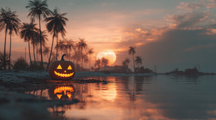 A serene sunset scene with a jack-o'-lantern by the water's edge, creating a spooky atmosphere