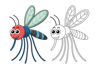 A colorful cartoon mosquito is shown next to its black and white outline for coloring purposes.