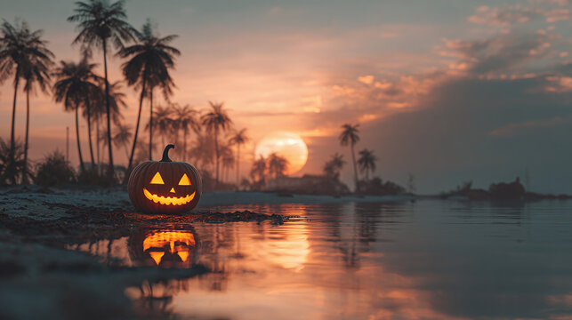 A serene sunset scene with a jack-o'-lantern by the water's edge, creating a spooky atmosphere