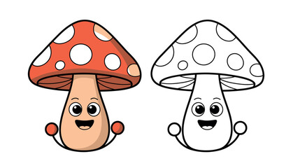 Two cartoon mushrooms, one colored and one outlined for coloring, are depicted side-by-side with happy faces.