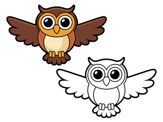 A cartoon illustration of a brown owl with its wings spread wide, next to a black and white outline version of the same owl for coloring.