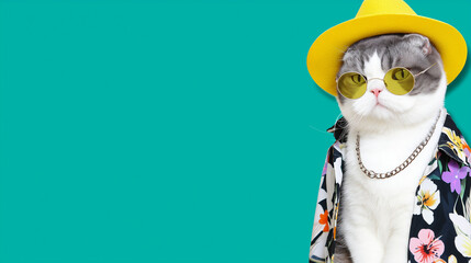 Cool cat in sunglasses and summer shirt with copy space on turquoise background, perfect for banner or ad
