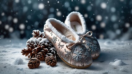 A closeup of a winter holiday decoration featuring a sea urchin and hermit crab on the cold snow with a red Xmas ball and star ornament for a seasonal December celebration card

