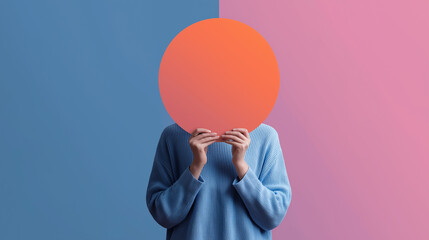 Anonymous person holding orange circle on vibrant blue and pink background – conceptual minimal design