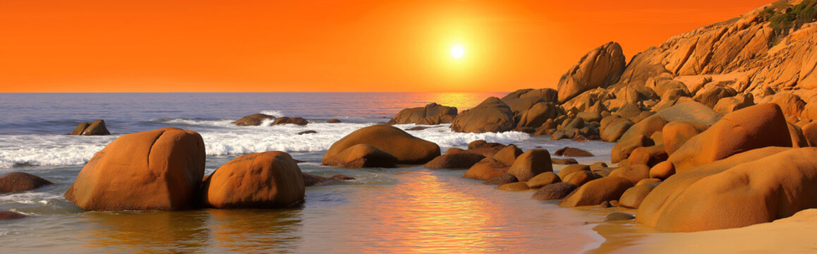 Scenic Rocky Beach at Sunset with Ocean Waves and Orange Sky, Wide Banner Composition