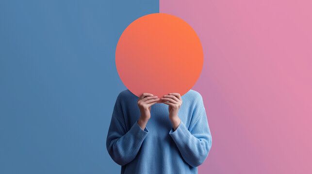 Anonymous person holding orange circle on vibrant blue and pink background – conceptual minimal design