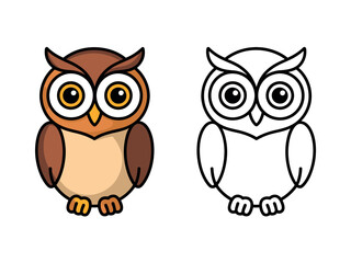 A simple illustration of a colorful owl and its outline for coloring.