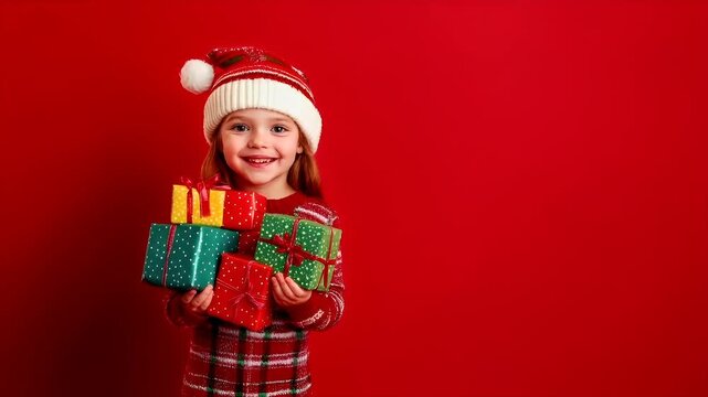 Winter holiday celebration concept. Christmas New Year. A young girl in a festive red and green outfit holds a stack of wrapped presents. She wears a Santa hat and has a cheerful expression.