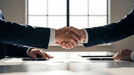 FIRM HANDSHAKE OF COMMITMENT, A firm handshake seals Capturing the essence of business partnership agreement big deal achievement