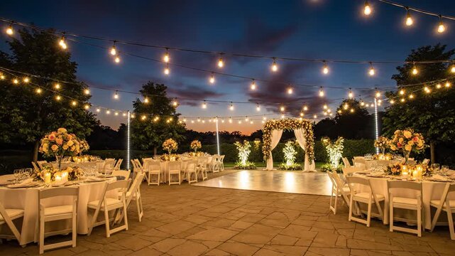 Elegant Outdoor Wedding Reception Setup with Romantic String Lights and Sunset Glow on Dance Floor Surrounded by Lush Green Trees and Floral Arrangements