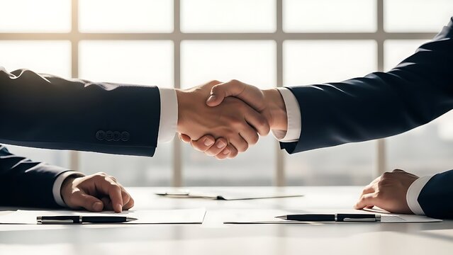 FIRM HANDSHAKE OF COMMITMENT, A firm handshake seals Capturing the essence of business partnership agreement big deal achievement