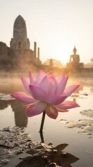 pink lotus flower blooming in still water at sunrise with ancient temple ruins and buddha statue in mist