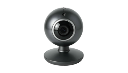 Black webcam with a spherical camera head on a round base