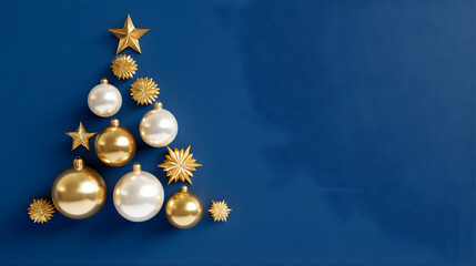 3D Christmas Tree Shape Made of Golden and White Ornaments on Classic Blue Background 