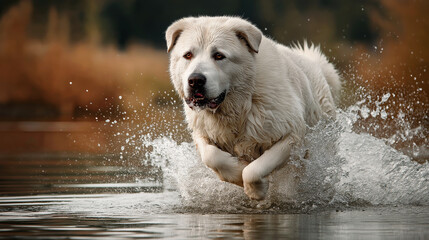 Alabai (Central Asian Shepherd) captured in slow-motion splash while running through shallow river water, dynamic outdoor action