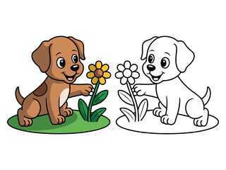 A cute cartoon puppy interacts with a flower, with a black and white outline version of the puppy and flower beside it.