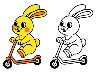 A cheerful yellow cartoon rabbit rides an orange scooter, with a black and white outline version beside it.