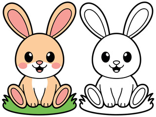 A cute cartoon rabbit illustration appears next to its outline version, ready for coloring on a white background.
