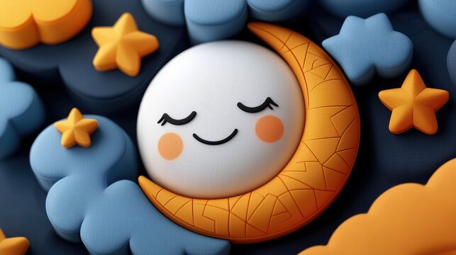 A cute cartoon moon with closed eyes and a smiling face, surrounded by stars and clouds, creating a whimsical and dreamy scene.