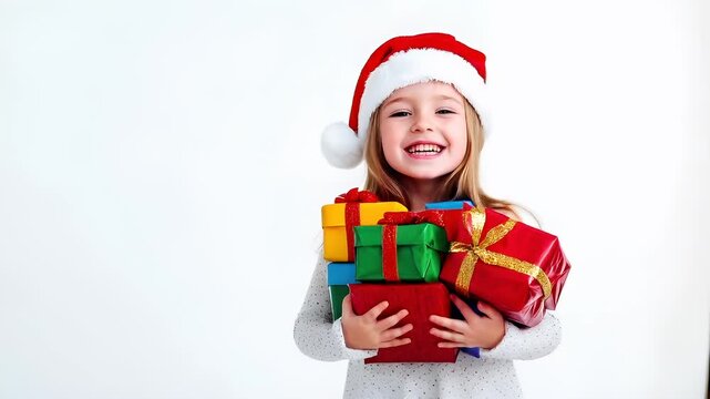 Winter holiday celebration concept. Christmas New Year. A young girl in a Santa hat holding a stack of wrapped presents.