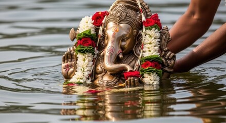 colorful ganesha figure adorned with floral garlands during water immersion ritual. hindu festival, cultural heritage, ganesh chaturthi, indian spiritual ceremony, religious event