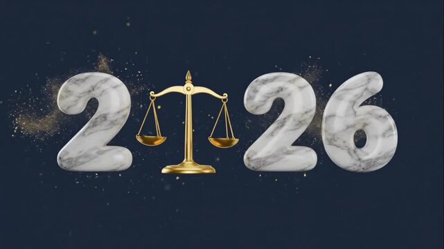 Animated marble 2026 numbers topped with golden scale of justice. Balancing motion in three frames showing tilt and glow effects. Symbol of law fairness and new year ahead.