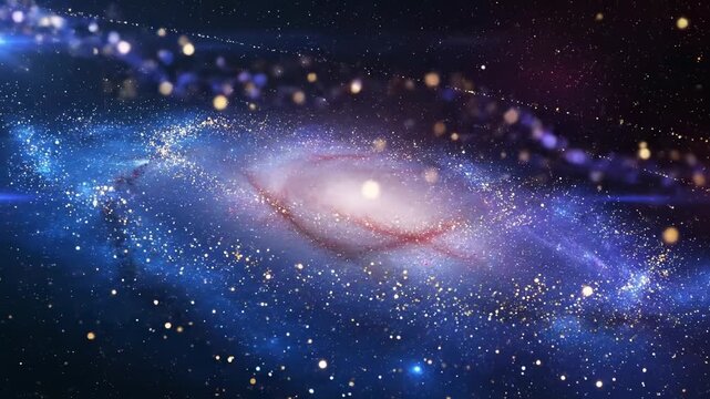 A vibrant cosmic display with a galactic structure and stardust