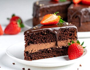 Decadent chocolate cake slice on plate with fresh strawberries, dripping glaze, and light background