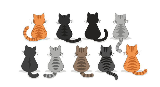 Collection of cartoon back view cats in different colors showing various patterns and styles