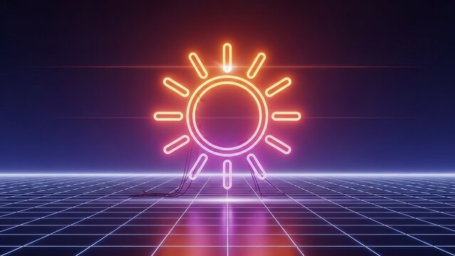 Neon glowing sun icon on a futuristic digital grid background