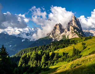 Naklejka premium Dramatic mountain scene features sharp peaks, green slopes, and cumulus clouds under a blue sky
