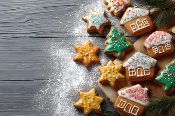 Christmas Cookies on a Rustic Gray Wooden Table with Copy Space 