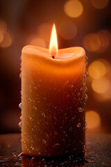 Close-up of a burning candle covered with shimmering water droplets. Warm soft lighting creates a calm, atmospheric, meditative mood.