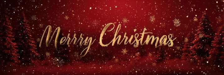 Merry christmas golden text on a festive red background with falling snow