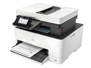 A modern white and black multifunction printer with a color touchscreen display is seen outputting paper, perfectly isolated on a transparent background.