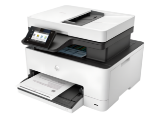 A modern white and black multifunction printer with a color touchscreen display is seen outputting paper, perfectly isolated on a transparent background.