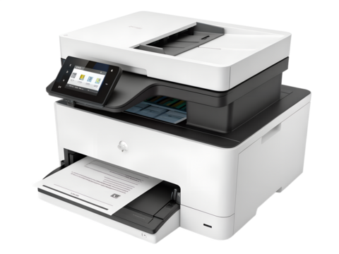 A modern white and black multifunction printer with a color touchscreen display is seen outputting paper, perfectly isolated on a transparent background.