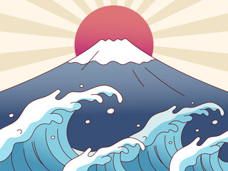 Mount Fuji with Waves & Rising Sun