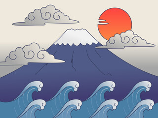 Mount Fuji with Clouds & Calm Waves
