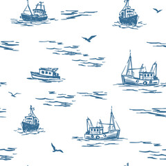 Saolboats sketch, seascape, seamless pattern, vector monochrome illustration, on a transparent background, hand drawn