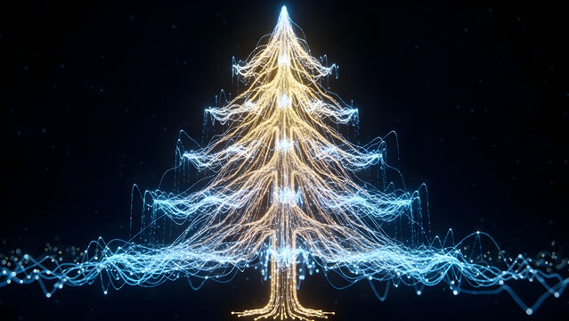 Abstract 3D render: Glowing neural networks forming a Christmas tree, symbolizing AI, data analytics, and technological advancements during the holiday season.