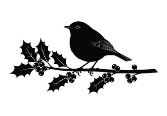 A silhouette of a bird sitting on a branch of holly with berries creates a festive winter scene