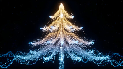 Abstract 3D render: Glowing neural networks forming a Christmas tree, symbolizing AI, data analytics, and technological advancements during the holiday season.
