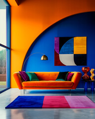 Bold interior with an orange sofa, blue walls, geometric artwork, modern decor and vibrant color contrast. Stylish contemporary design