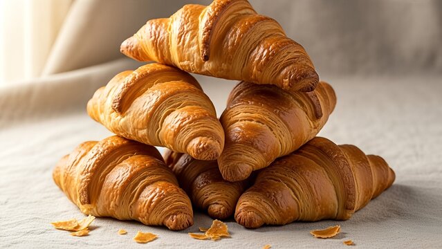 A delicious stack of freshly baked golden brown croissants arranged in a pyramid on a tablecloth.