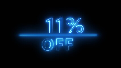 Neon 11% discount offer illustration. Neon percent offer on black background. Neon sale discount offer.