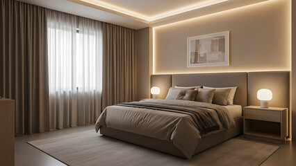 A bedroom with a bed curtains and bedside tables