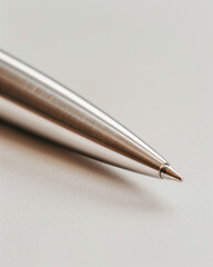 Close-up macro shot of a sleek metallic pen tip on a soft neutral surface. Minimal, elegant, refined design.
